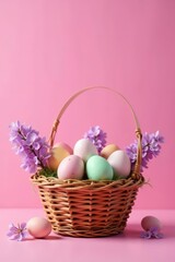 Pastel pink background, wicker basket overflowing with colorful Easter eggs & lilac blooms , texture, festive, cute