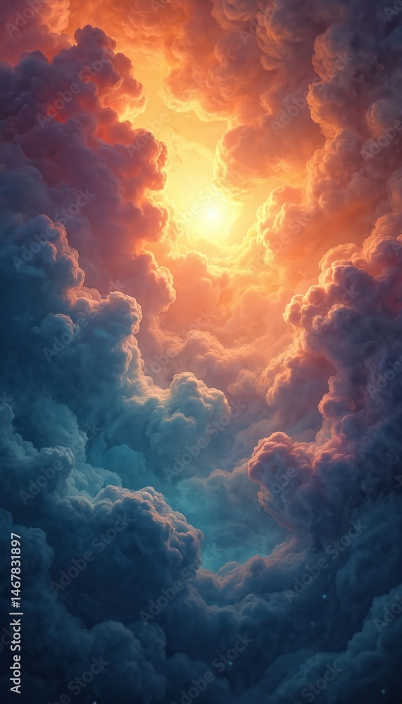 Poster Abstract illustration glowing cloudscape in vibrant colors. Dynamic shapes, light effect create futuristic mood. Modern design for web pages, art projects, print design. Perfect for backgrounds,