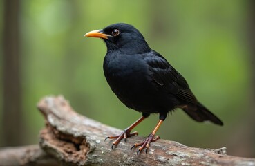 Fototapeta premium Common Blackbird Turdus merula sits on tree branch. Male bird with black plumage, bright orange beak, legs, eye ring. Natural habitat, green background, forest. Wildlife, fauna, ornithology concept.