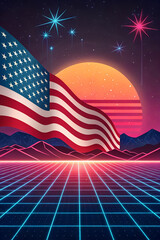 Obraz premium Retro Wave American Flag Landscape with Neon Grid and Starry Sky