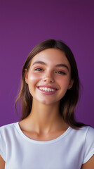 Radiant Young Woman with a Genuine Smile, Portrait of a Happy and Healthy 20-Year-Old Female, Positive Body Image and Self-Confidence, Vibrant and Joyful Expression Against a Purple Background