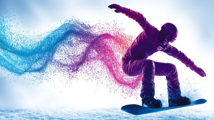 Naklejka premium Snowboarder in Motion: A Design - Dynamic snowboarder, vibrant colors, winter sports, energy, freedom. A high-energy illustration of a snowboarder performing an aerial maneuver