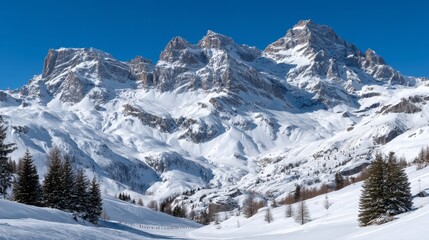 Snowy Alpine Panorama: Majestic Mountain Range - Breathtaking winter landscape, snow-capped peaks, serene valley, untouched nature, alpine wilderness. Symbolizing peace, adventure, freedom, purity