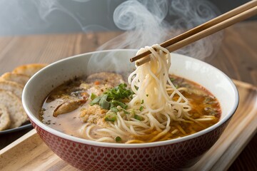 Steaming Bowl of Asian Noodles with Chopsticks