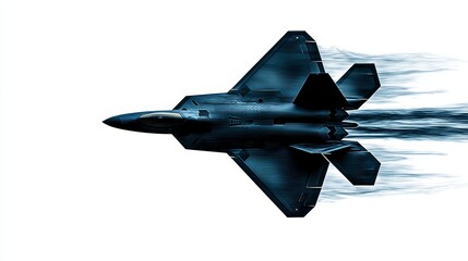 Stealth Fighter Jet in Flight - A dark blue stealth fighter jet streaks across a white background, leaving a blur of motion. Powerful and fast