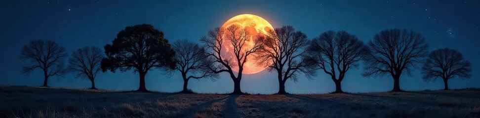 Ancient trees cast long shadows under a bright full moon , illustration, landscape
