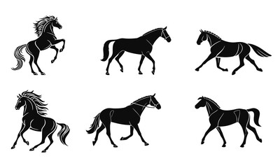 A set of black horse silhouettes, including stallion and pony vectors, illustrate running wild animals