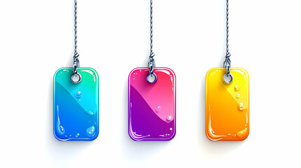 Fototapeta premium Three colorful, rectangular tags with rounded edges are hanging on strings. Each tag has a different gradient color, from blue to purple to orange