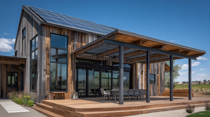 Modern farmhouse with reclaimed wood siding and solar pergola