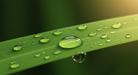 Water droplets on a green leaf with a blurred green background.