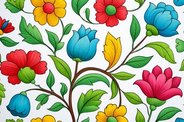 Vibrant Floral Pattern Design - Colorful illustration of a repeating floral pattern featuring bright tulips, daisies, and leaves on a white background. Perfect for textile prints, wallpapers, and more