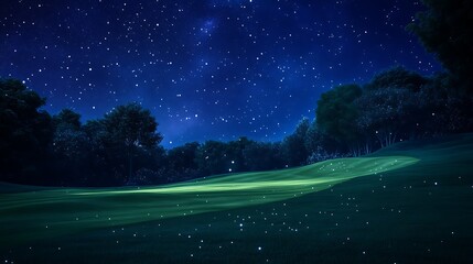 Stunning night sky over golf course with glowing stars and landscape photo