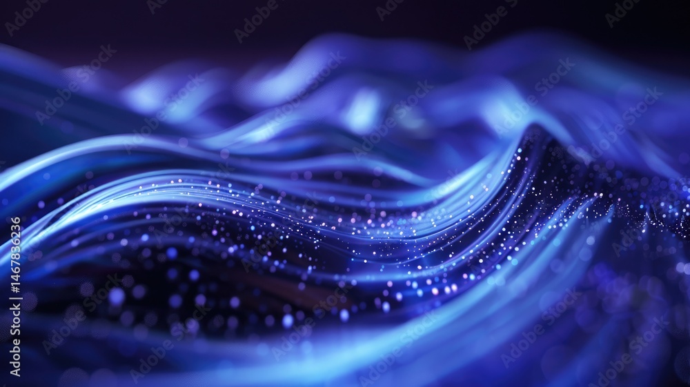 Poster wonderful picture of blue light wave, sparkling particles scattered across space background, create 