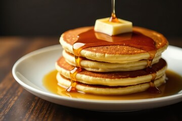 Golden brown pancakes drenched in amber maple syrup, glistening , texture, amber