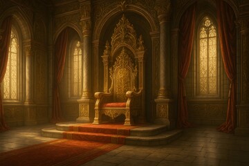 Obraz premium Majestic Medieval Throne Room with Golden Royal Throne and Ornate Gothic Architecture