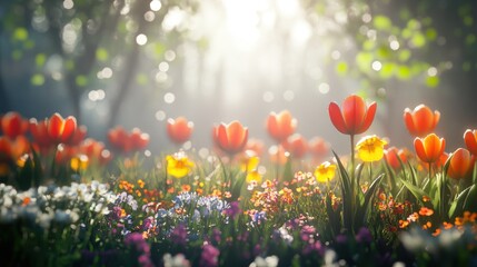 Fototapeta premium Spring flowers in a sunlit forest clearing. Possible use Stock photo for spring, nature, gardening