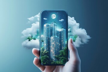Cityscape on phone held by a hand; skyscrapers, moonlit night, trees, and cloud