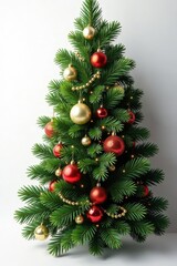 Luxurious dark green fir branch adorned with gleaming gold, red, and white baubles , nature, elegant, fir