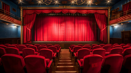 Red seats and curtains of an empty theater