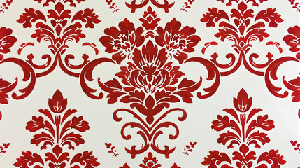 Red wallpaper vintage flock with red damask design on a white background retro vintage style