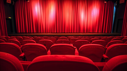 Red seats and curtains of an empty theater