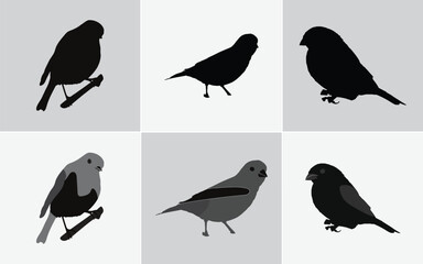 Six Minimalist Black Bird Silhouette Illustrations: Vector Icons for Web and Print Design, Black Bird Silhouettes Vector Set: Includes Finch, Sparrow, and Bunting Style Icons