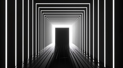 This image features a simplistic geometric pattern of white lines forming a tunnel-like structure. The strong contrast between light and dark creates a modern aesthetic.