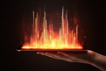 Fiery city skyline digitally projected onto tablet held in hand