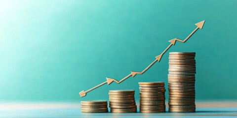 Rising stacks of coins illustrate financial growth and increasing wealth over time