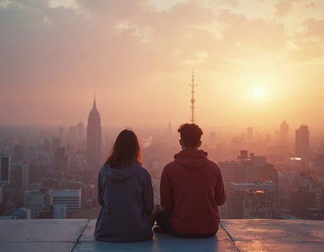 Friends sit on rooftop smoking cigarette watching sunrise over city. Silhouettes against pastel sky. Urban lifestyle moment, editorial photo, sunset scene.