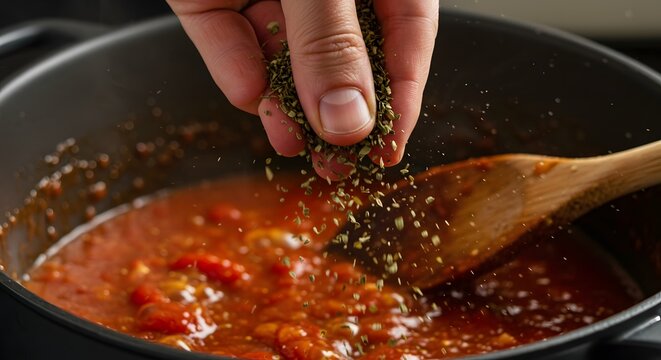Adding dried herbs to simmering tomato sauce in a black pot on the stove top view