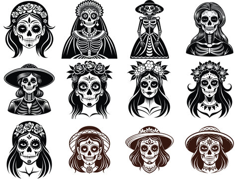 LA Catrina silhouette vector illustration isolated on white background.