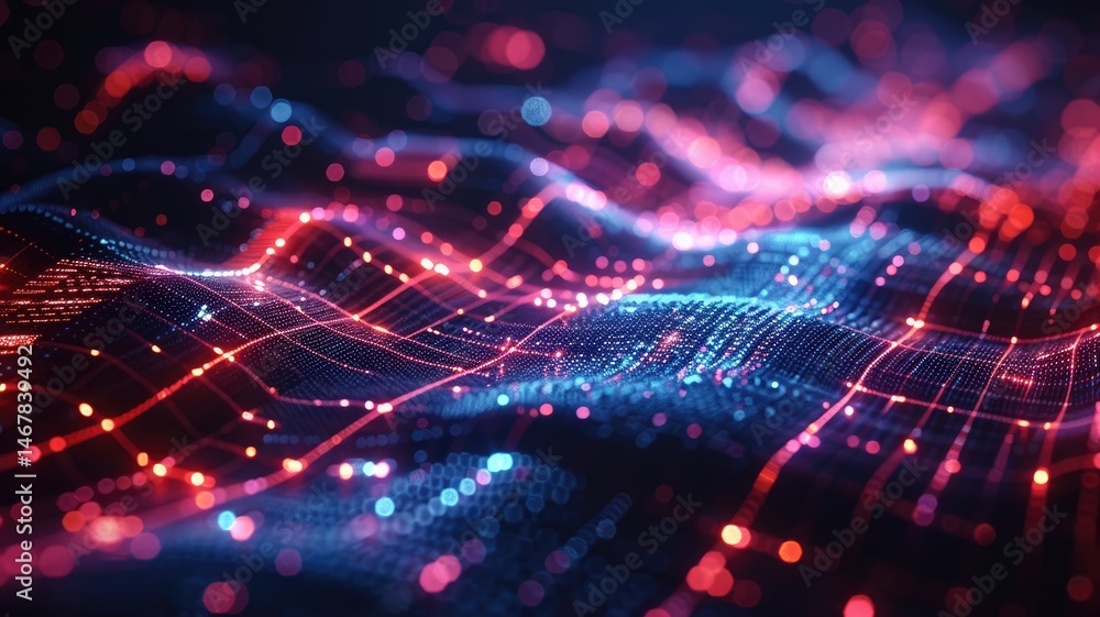 Poster abstract digital shape or line and technological cyber style particle design connect in surreal elec