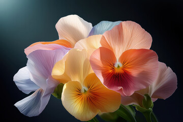 Fototapeta premium Vibrant cluster of pansies various colors, showcasing delicate petals and intricate details, evokes sense of beauty