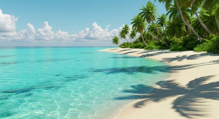 Fototapeta premium Tropical beach with palm trees sand and clear turquoise water under a blue sky.