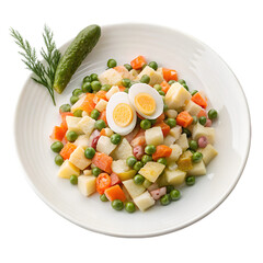 Russian salad on white plate isolated on white background