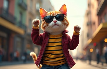 Happy cat character wearing sunglasses, jacket and colorful clothes. Funny AI generated animal stands on the street. Cool cartoon cat with sunglasses posing for photo in the city.