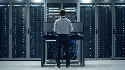 Fototapeta premium cloud computing IT professional managing servers in a modern data center environment.
