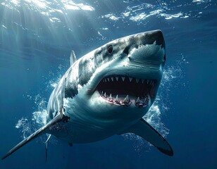 Obraz premium Great White Shark Showing Teeth Underwater