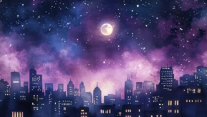 Night city skyline bathed in a vibrant purple and pink night sky, dotted with stars and a large moon.  City buildings are silhouetted against the dreamy sky