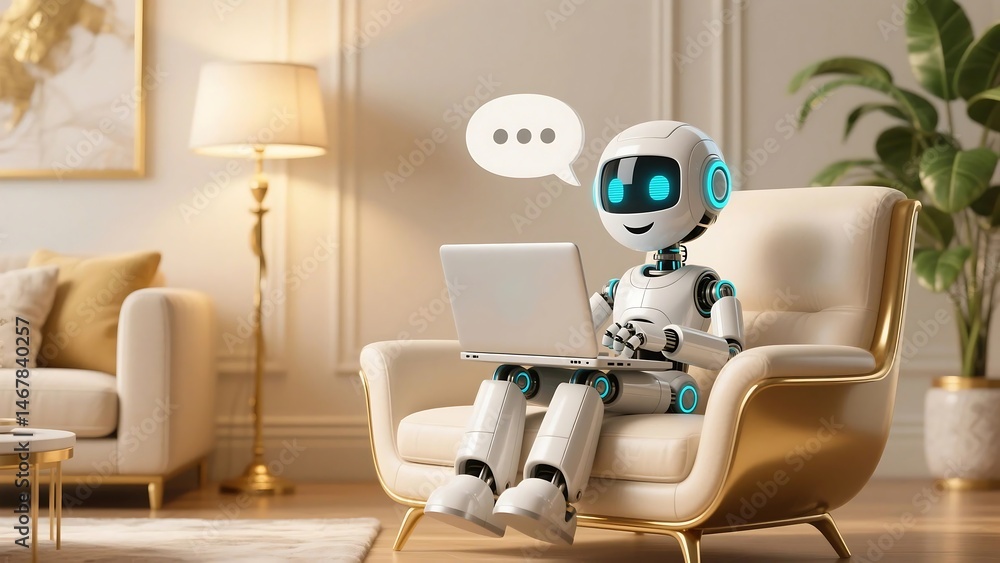 Poster happy 3d chatbot robot character – friendly ai assistant . artificial intelligence, trendy technolog