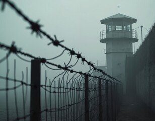 Prison watchtower behind barbed wire fence. Concrete prison wall with guard tower. Concept of criminal justice. High security prison exterior. Imprisonment and confinement. Protection and enforcement.