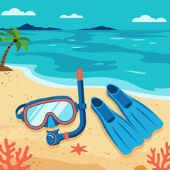 Snorkeling gear including a mask, snorkel, and fins on a sandy beach with tropical scenery