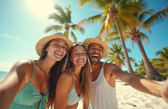 Group friends take selfie on beach. Young people laugh, smile enjoying summer vacation. Palm trees, blue sky background. Travel, fun, happiness concept. - Powered by Adobe