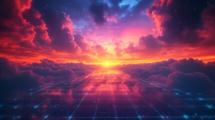 Pathway to a radiant sunrise amid vibrant clouds and a futuristic grid