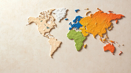 Colorful world map made of textured paint on soft beige background, showcasing vibrant colors and artistic design