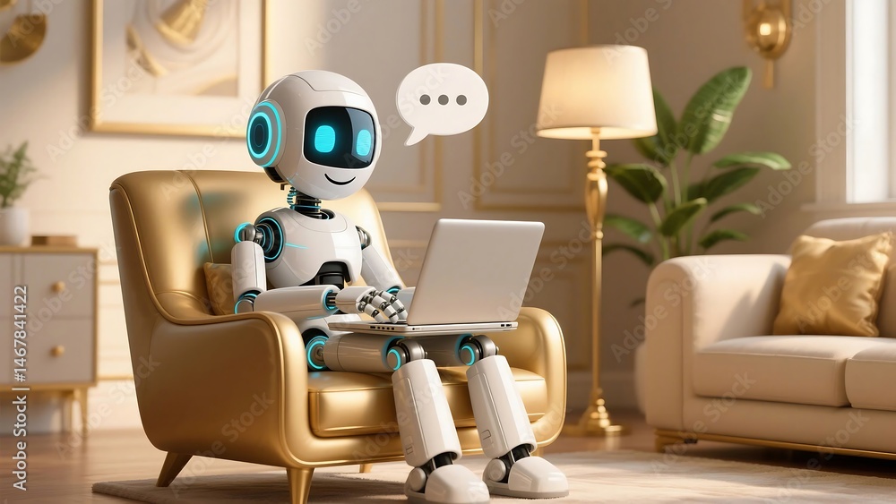 Poster happy 3d chatbot robot character – friendly ai assistant . artificial intelligence, trendy technolog