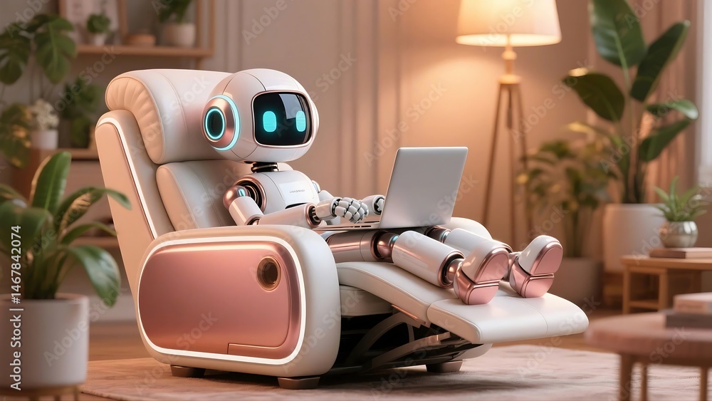 Poster happy 3d chatbot robot character – friendly ai assistant . artificial intelligence, trendy technolog