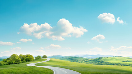 Winding road through lush green landscape under bright blue sky with fluffy clouds creates serene atmosphere