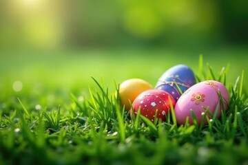Fototapeta premium Vibrant decorated eggs nestled in lush green spring grass , sunshine, orange